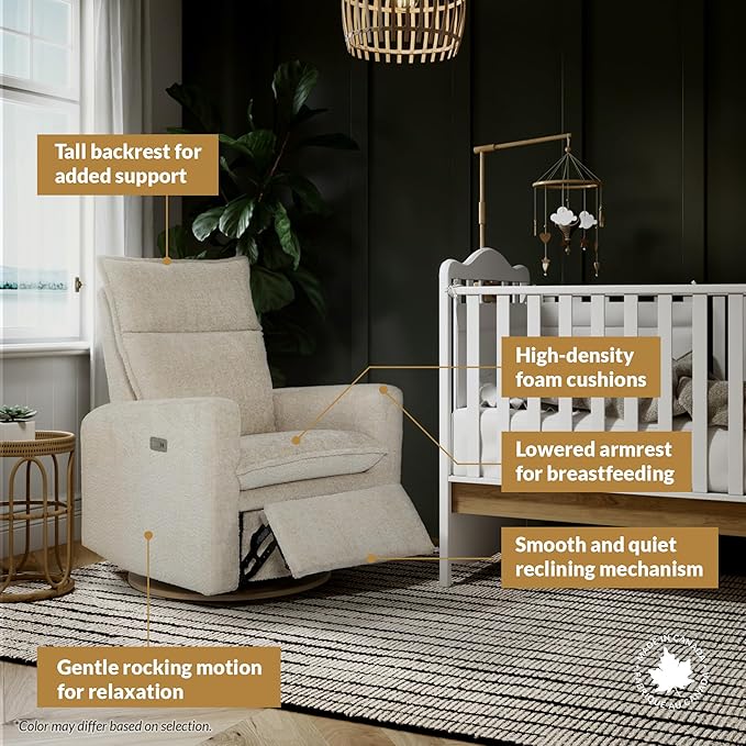 Arya Modern Nursery Chair Glider Recliner with 180° Swivel - Cozy Motorized Reclining Nursing Chair with USB Ports, Gentle Motion, Ergonomic Design, Canadian-Made (Heather Grey/ARLO Fabric)