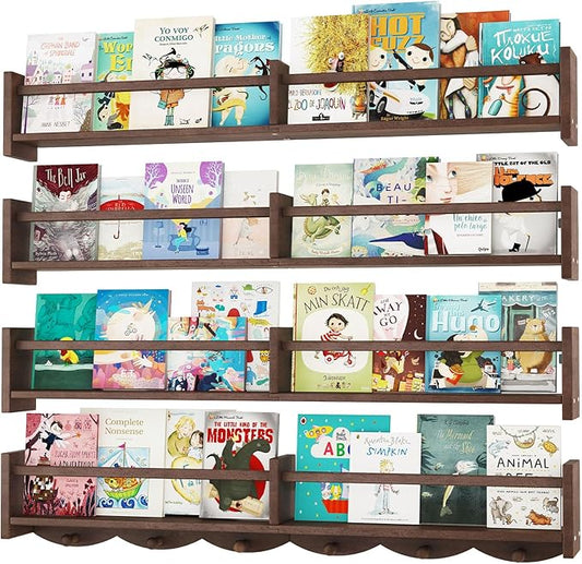 34Inch Nursery Bookshelves,Set of 4,Wall Floating Shelf Kids Coat Rack with 6Hooks,Hanging Book Shelf for Baby Nursery Room Décor (Dark Brown, 34)
