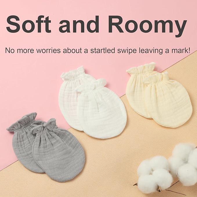 Newborn Mittens No Scratch 100% Cotton Mitts Boy Girl baby mittens 0-6 months 6 Pack