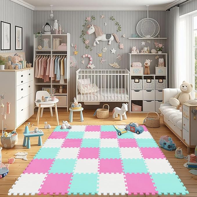 qqpp EVA Rubber 18 Tiles Interlocking Puzzle Foam Floor Mats - Baby Play Mat for Playing | Exercise Mat for Home Workout. White, Pink, Green. QC-ACHb18N