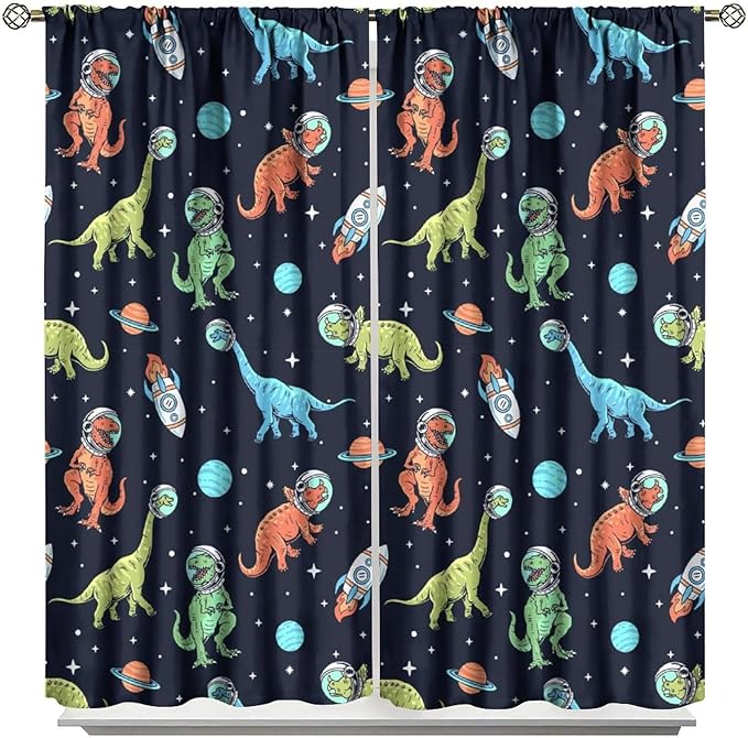 Cartoon Dinosaur Curtains for Kids Boys Girls Home Decor, Astronaut Rocket Funny Outer Space Blackout Rod Pocket Window Drapes for Bedroom Living Room W21xL63in 2 Panels
