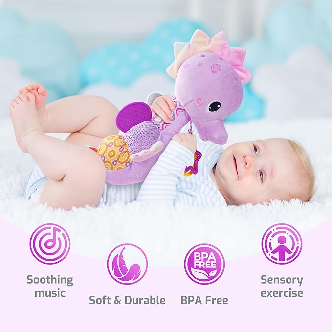Sumobaby Infant Baby Musical Stuffed Animal Activity Soft Toys with Multi-Sensory Crinkle, Rattle and Textures, for Tummy Time Newborn 0-3-6-12 Months Boys, Girls, Seahorses, Purple