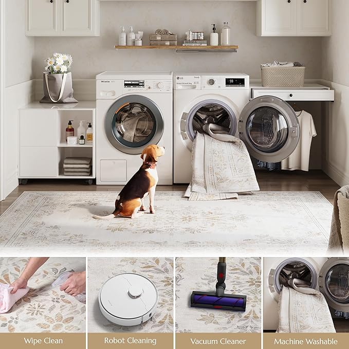 jinchan Vintage Floral 8x10 Area Rugs for Living Room - Machine Washable Distressed Design Soft Throw Rug Thin Non-Slip Large Carpet for Bedroom Nursery Dining Room Home Office (8x10ft,Light Grey)