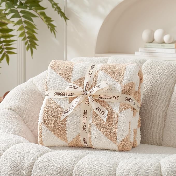 Snuggle Sac Chevron Throw Blanket for Couch, Reversible Super Soft Warm Blankets Cozy Knit Fuzzy Plush Lightweight Throws for Sofa, Bed, Camping, Beige,50x60 inches