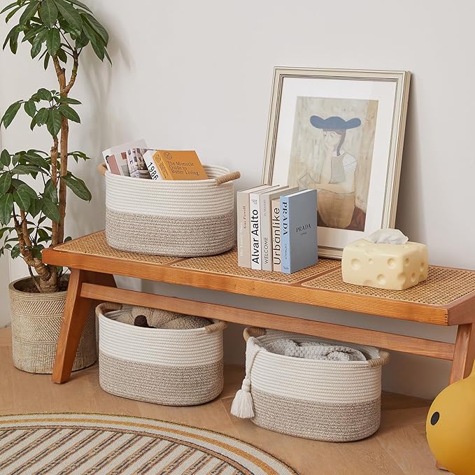 Storage Baskets for Organizing | 15"x10.2"x9.1" - 1 Pack Nursery Bin with Handles - Woven Cotton Rope Baskets for Dog Toys, Books, Shelf, Bathroom,Closet -Stylish Storage | White & Beige