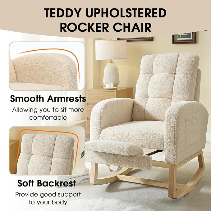 NIOIIKIT Modern Nursery Rocking Chair, Teddy Upholstered Rocking Chair with Footrest, Comfortable Rocker Recliner with Side Pocket, Rocker Glider for Living Room, Bedroom, Nursing Room (Apricot)