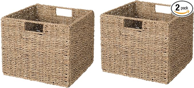 12x12x10in Seagrass Storage Baskets Set of 2, Large Wicker Storage Basket, Decorative Seagrass Shelf Basket, Pantry Baskets Organization,Folding Storage Cube Bins