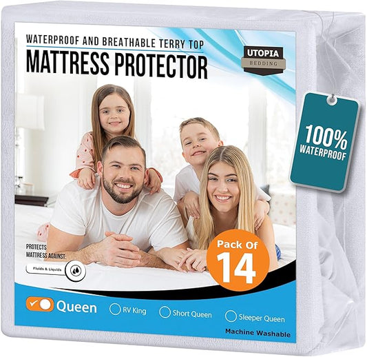 Utopia Bedding Waterproof Mattress Protector Queen Size (Pack of 14), Premium Terry Mattress Cover 200 GSM, Breathable, Fitted Style with Stretchable Pockets (White)