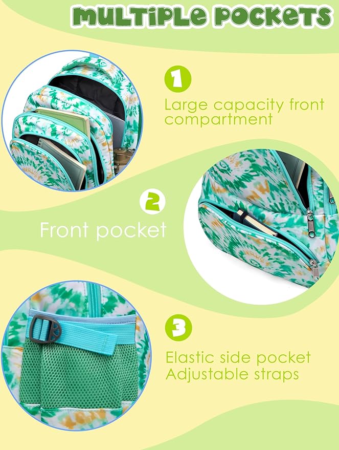 BLUEFAIRY Kids Backpack for Girls Elementary Primary Middle School Bags for Aged 8-10 for Teens Childs Bookbags Back to School Book Bags Gifts Mochilas para Niñas de 6 7 8 9 10 Años Tie-dye Green