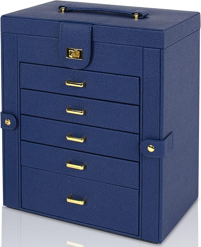 AKOZLIN Large Jewelry Box Organizer Functional Lockable with Big Mirror, Leather Jewelry Storage Case for Women Girls Ring Necklace Earring Bracelet Holder Organizer Blue