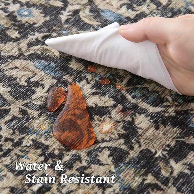 Washable 10x14 Area Rugs for Living Room, Boho Non-Slip Silicone Backing Rugs for Bedroom Dining Room Office, 0.3" Neutral Oriental Throw Carpet with 0.16" Cushioning Pad, Black/Multi