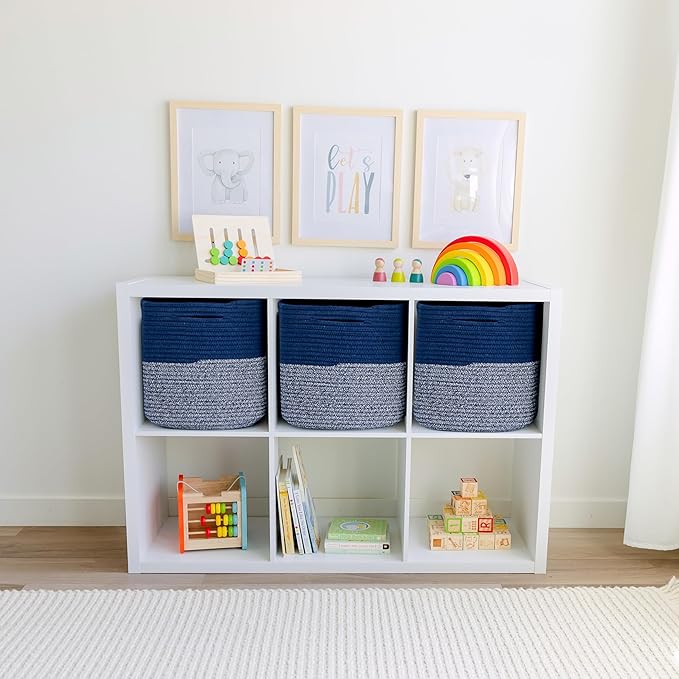 NaturalCozy 13 Inch Cube Storage Bins Cotton Rope Woven Baskets for Organizing 3-Pack | 13 x 13 Storage Cubes | Fabric Square Storage Baskets for Shelves Organizer, Kids Toy Bins, Closet Baby Nursery