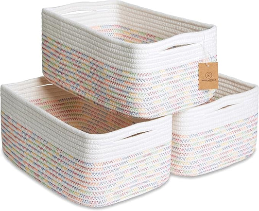 NaturalCozy 13.5”x8.5”x5.5” Rectangle Storage Baskets for Shelves 3 Pack | Cotton Rope Woven Small Baskets for Organizing | Small Storage Bins for Nursery, Bathroom, Closet, Shelf, Decorative