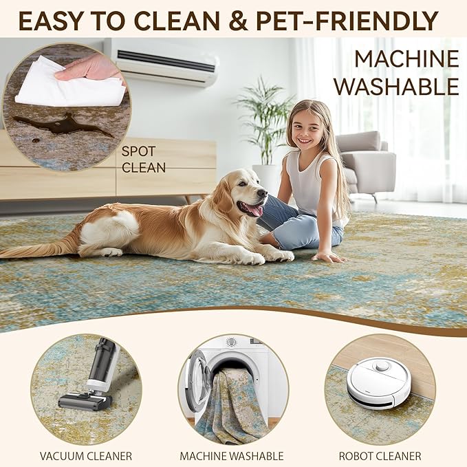 Washable Area Rugs 8'x10' Non-Slip Modern Abstract Soft for Living Room Entryway Bedroom Nursery, Print Pattern, Teal Blue Taupe