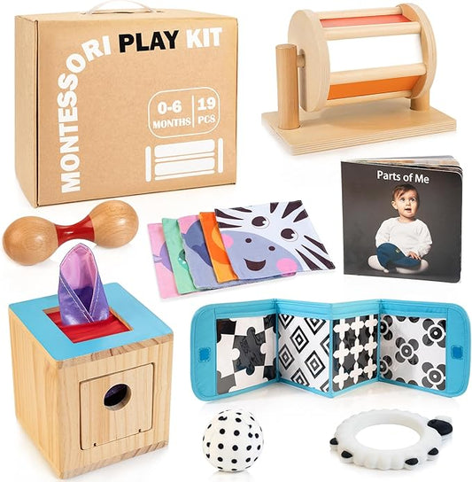 Montessori Toys for Babies 0-6 Months, 9 in 1 Learning Educational Sensory Toys for Newborn 0-3-6 Months, Includes High Contrast Cards, Baby Tissue Box Toy, Spinning Drum, Teether and More
