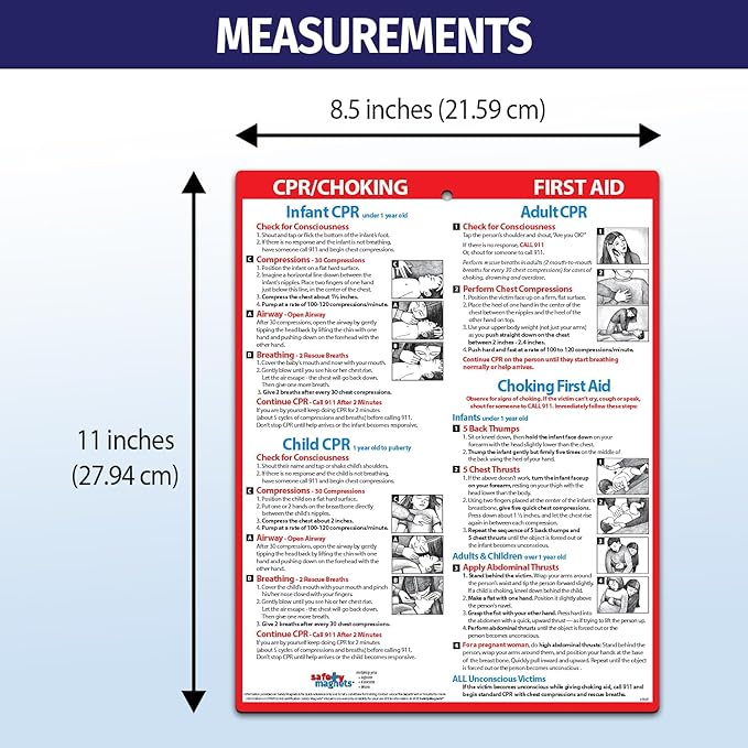 Safety Magnets by ZOCO – CPR & Choking Fridge Magnet – First Aid Instructions for Infants, Children, & Adults – Heimlich Maneuver Laminated Card 8.5" x 11"