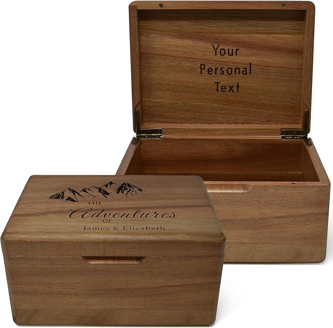 Personalized Memory Box Travel - Travel Gifts for Couples, Acacia Wood Chest Trunk for Couples Adventure Keepsakes, Wooden Keepsake Box for Tickets, Valentine's Gifts Custom, Various Designs, 8x6x4 in