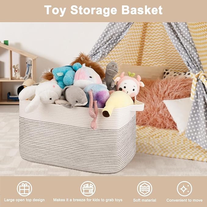OIAHOMY 95L Blanket Basket, 24”x17”x14”, Large Woven Baskets for Storage, Nursery Cotton Rope Basket with Handle, Living Room, Nursery, Bedroom,Toy Baskets Organizer Bins, Black and White