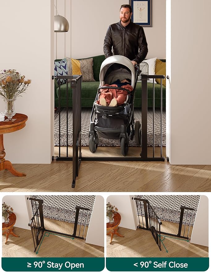 Babelio 36.5-57" Extra Wide Baby Gate with Cat Door,Auto Close&Two Way Swing,Pressure Mounted Dog Gates for Stairs,Doorways,Includes 4 Wall Cups and 3 Extension Pieces,Black