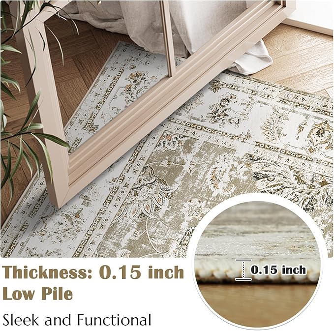 jinchan 8x10 Area Rugs for Living Room - Machine Washable Vintage Floral Distressed Design Stain Resistant Boho Carpet Low Pile Non-Slip Rug for Bedroom Dining Room Home Office (8‘x10',Taupe)