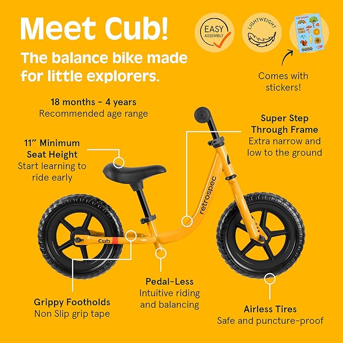Retrospec Cub Toddler 12" Balance Bike, 18 Months - 3 Years Old, No Pedal Beginner Kids Bicycle for Girls & Boys, Flat-Free Tires, Adjustable Seat, & Durable Frame