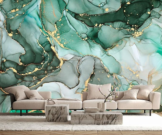 Green Marble Wallpaper Abstract Fabric Wall Mural for Living Room Bedroom Dining Room Basement(Not Self-Adhesive)