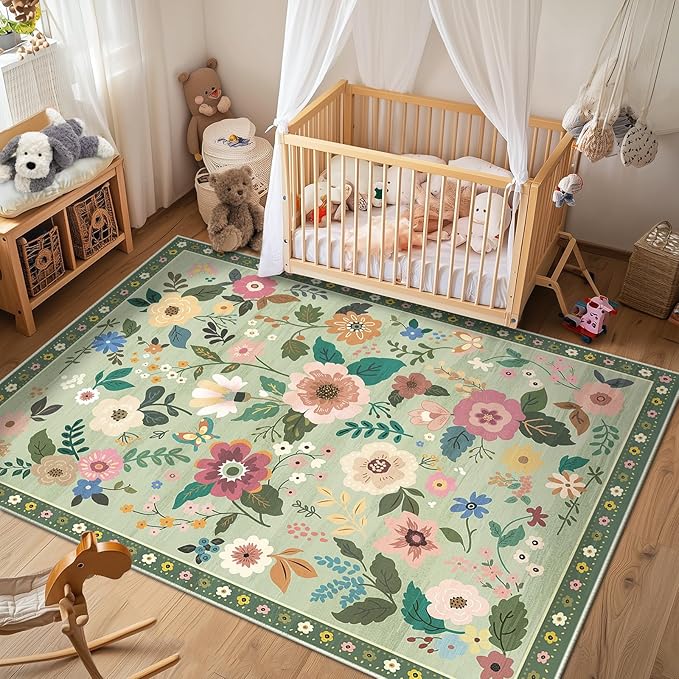 Floral 6x9 Area Rug Machine Washable Soft Print Boho Carpet Non Slip Doormat Low Pile Flower Area Rugs for Living Room Bedroom Nursery Kitchen Dining Room Indoor-Light Green