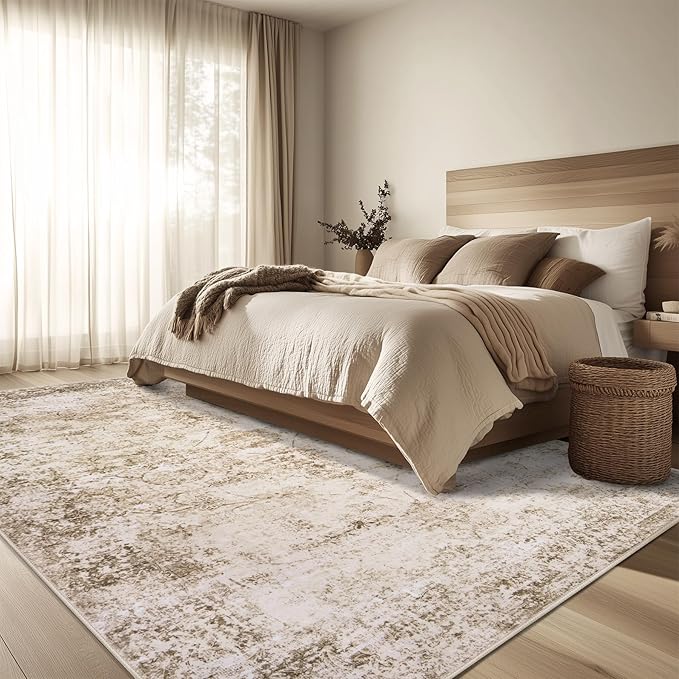 5x7 Area Rug Living Room Rugs - Washable Rug Large Modern Abstract Soft Thin Carpets Indoor Floor No Slip Vintage Carpet for Bedroom Under Dining Table Nursery Home Office Decor Beige