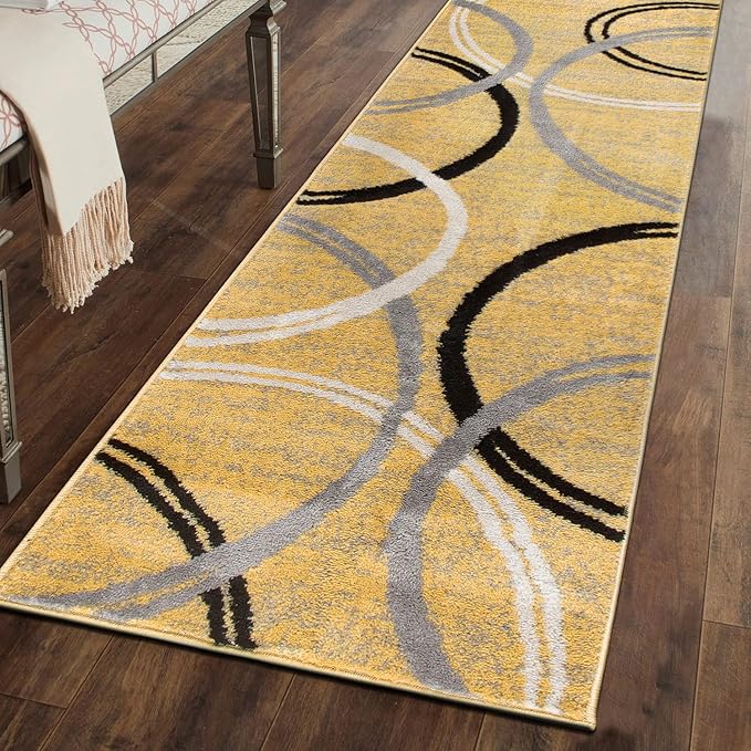 Rugshop Modern Wavy Circles Design Runner Rug 2' x 10' Yellow
