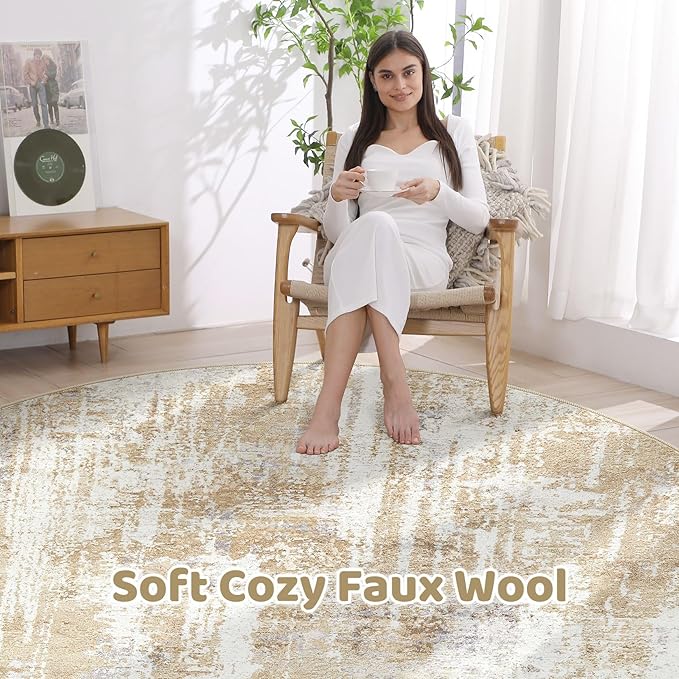 Round Rug Living Room Rugs: 6Ft Washable Circle Large Abstract Modern Soft Stain Resistant Non Slip Indoor Floor Carpet for Bedroom Nursery Office Dining Room Dorm Home House Decor- Gray Gold