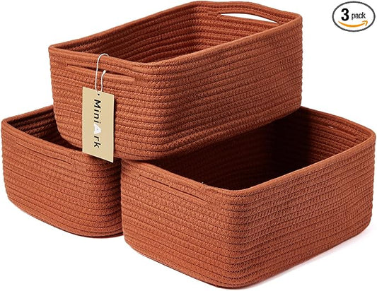 Small Storage Baskets for Organizing | Closet Organizer Bins | Shelf Toy Basket | Woven Rope Baskets | Cube Decorative Box | Shallow Basket | 13x8.5x5.1” | 3 Packs Oxide Red