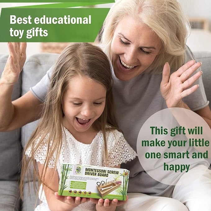 Panda Brothers Montessori Screwdriver Board Set - Wooden Montessori Toys for 4 Year Old Kids and Toddlers, Sensory Bin, Fine Motor Skills, STEM Toys