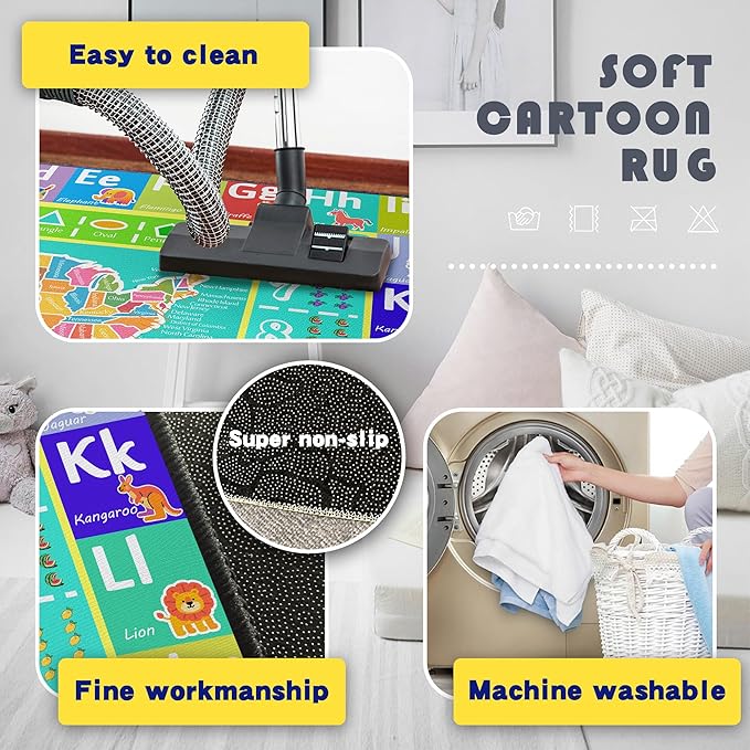 ABC Rug for Kids Playroom, 2x3 Washable Classroom Area Rugs, Educational Learning Mat with Alphabet Numbers Animals Seasons Shapes for Classroom Preschool Playroom