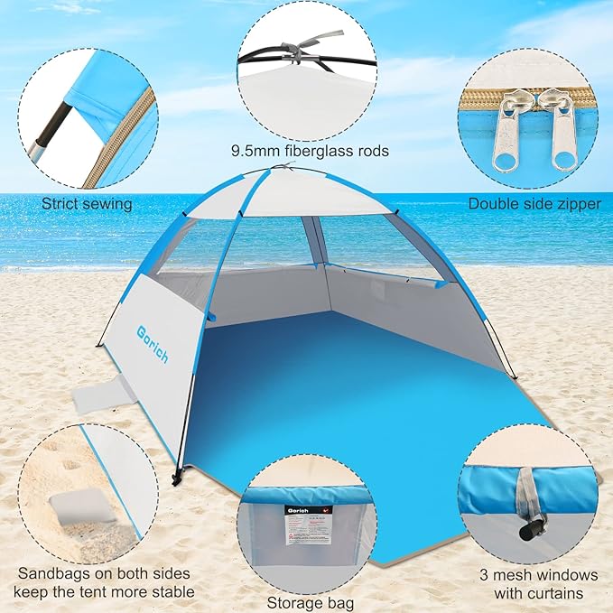Gorich Beach Tent Sun Shelter for 3/4-5/6-7/8-10 Person with UPF 50＋ UV Protection, Lightweight & Easy Setup Beach Shade Canopy, Portable Beach Shade Tent Beach Cabana
