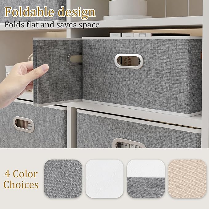 Yawinhe Fabric Storage Bins with Handles, Foldable Baskets for Shelves, Cubes with 3 Handles, Large Boxes for Clothes, Grey, 16.9''Lx11.8''Wx10.2''H, 6-Pack