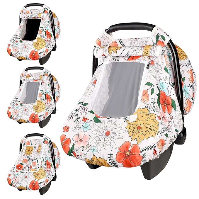 Baby Carseat Cover Girls, Pea Pod Infant Car Seat Covers Canopy for Newborn with 2 Layers Windows of Breathable Mesh/Fabric, Lightweight Polyester/Minky Dot Backing, Snug Fit Most Baby Car Seat
