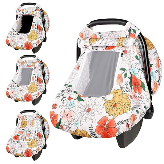 Baby Carseat Cover Girls, Pea Pod Infant Car Seat Covers Canopy for Newborn with 2 Layers Windows of Breathable Mesh/Fabric, Lightweight Polyester/Minky Dot Backing, Snug Fit Most Baby Car Seat