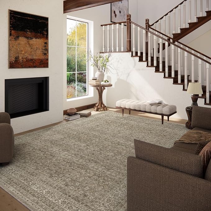 Washable Area Rugs for Living Room: 5x7 Bedroom Area Rug Boho Vintage Rugs Stain Resistant Non Slip Low Pile Soft Lightweight Carpet for Kitchen Dining Room Farmhouse Nursery Kids Room