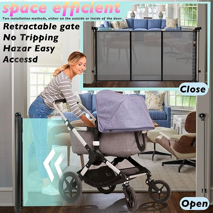 Retractable Baby Gates for Stairs, 55" Wide Baby Gate Dog Gate, 41" Tall Retractable Pet Gate for Doorways, Child Safety Gates Mesh Gate with Fiberglass Rods for Stairways, Hallways, Indoor/Outdoor