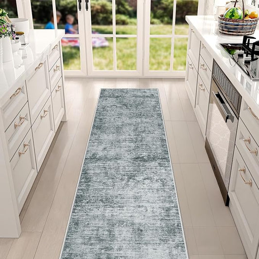 Runner Rug 2'6''x8' Washable: Modern Abstract Kitchen Rug With Non-Slip Backing, Thin Long Carpet for Hallway, Bedroom, Laundry Room-Black