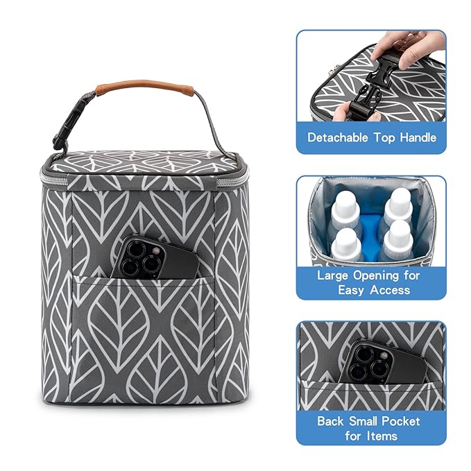Breast Milk Cooler Bag with Ice Pack Fits 4 Baby Bottles Up to 9 Ounce, Baby Bottle Bag for Nursing Mom Daycare-Grey