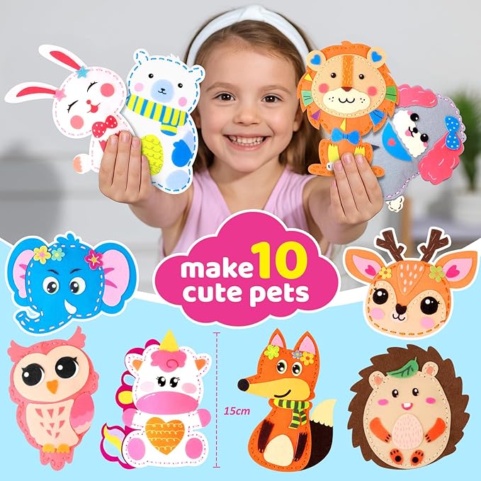 Funtopia Sewing Kit for Kids, 10 Easy DIY Projects of Stuffed Animal with Guiding Book, Beginners Sewing Toys and Birthday Gift for Girls Boys, Felt Arts and Crafts for Kids Ages 5-8 8-12