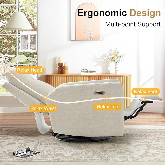 Power Swivel Recliner Chair – Nursery Glider Rocker with USB & Type-C, High Back Reclining Chair for Breastfeeding & Baby Room, Linen Fabric, Beige Grey