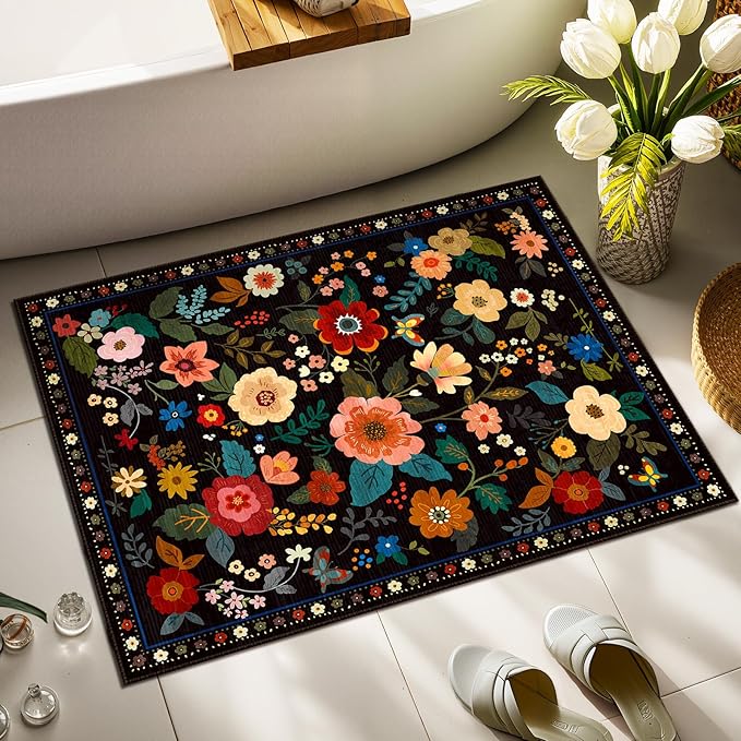 Floral 2x3 Area Rug Machine Washable Soft Print Boho Carpet Non Slip Doormat Low Pile Flower Area Rugs for Living Room Bedroom Nursery Kitchen Dining Room Indoor-Black