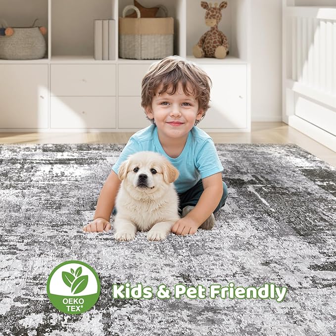 Large Area Rugs 12x15 Living Room: Washable Large Abstract Modern Soft Stain Resistant Indoor Floor Rugs Non-Slip Accent Carpet for Bedroom Nursery Playroom Office Dining Room Home House- Black Grey