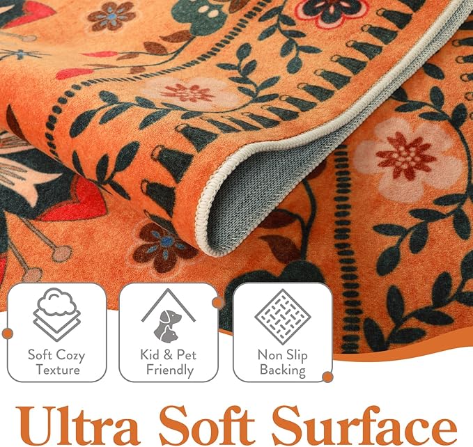 Moynesa Boho Area Rugs 9x12 Living Room, Machine Washable Ultra Thin Soft Bedroom Rug, Indoor Bird Floral Pattern Print Large Orange Carpet for Hardfloor Dining Room Under Table Playroom