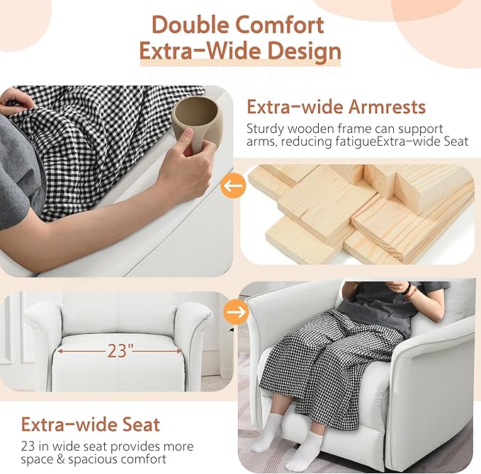 Manual Rocker Recliner Chair with Glider Motion for Nursery, 150° Recline & Wide Armrests - Overstuffed Leather Nursery Chair for Small Spaces, Living Room, Bedroom