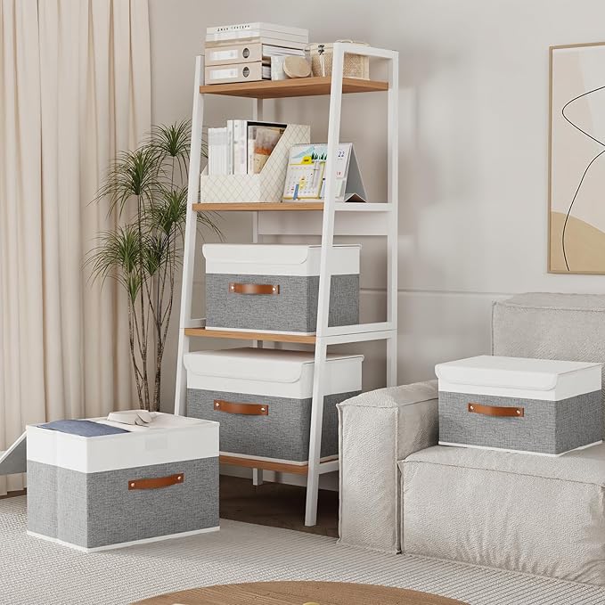 Yawinhe Storage Bins with Lids, Fabric Foldable Boxes, Washable and Leather Handle, Cube Organizer Basket for Home, Closet, White/Grey, 17.7''Lx11.8''Wx11.8''H, 5-Pack, USNK024WGX-5