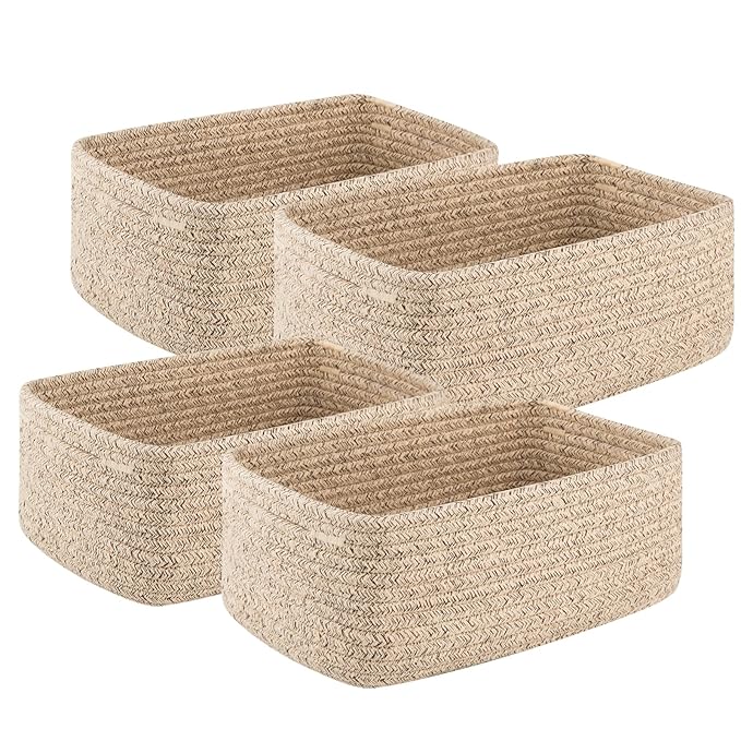 4 Pack Small Storage Shelf Baskets for Organizing, Mini Woven Rope Storage Bins for Towels, Cute Decorative Closet Organizer，Baby Nursery, Gift Empty Baskets -13''Lx8.66''Wx5.11''H-Brown