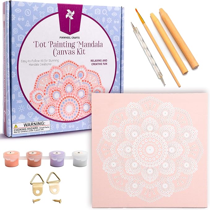 Pinwheel Crafts Painting Kit Mandala for Kids Ages 6-12 - Dot Painting Canvas Set with Mandala Dotting Tools, Paints, Brushes, Easy Instruction - Relaxing DIY Gift, Arts and Crafts Kit for Teens